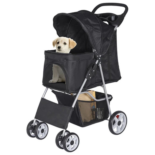 4 Wheels Pet Stroller Dog Cat Stroller with Storage Basket and Cup Holder Black