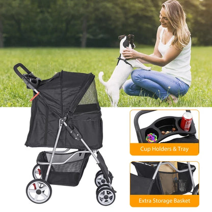 4 Wheels Pet Stroller Dog Cat Stroller with Storage Basket and Cup Holder Black