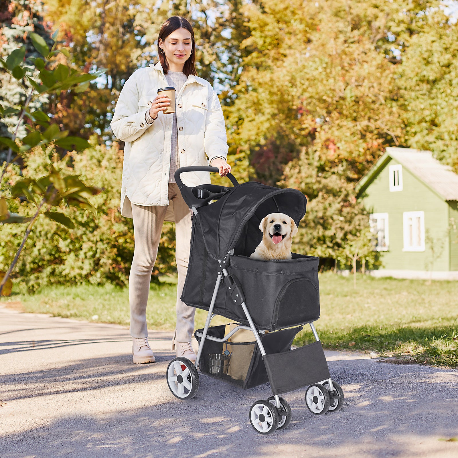 4 Wheels Pet Stroller Dog Cat Stroller with Storage Basket and Cup Holder Black
