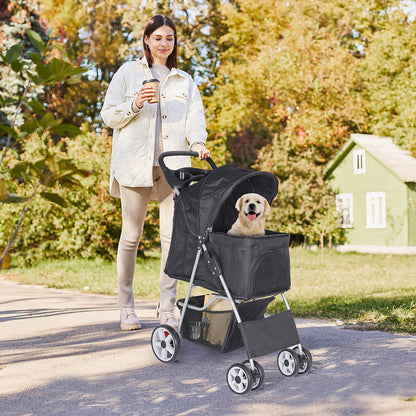 4 Wheels Pet Stroller Dog Cat Stroller with Storage Basket and Cup Holder Black