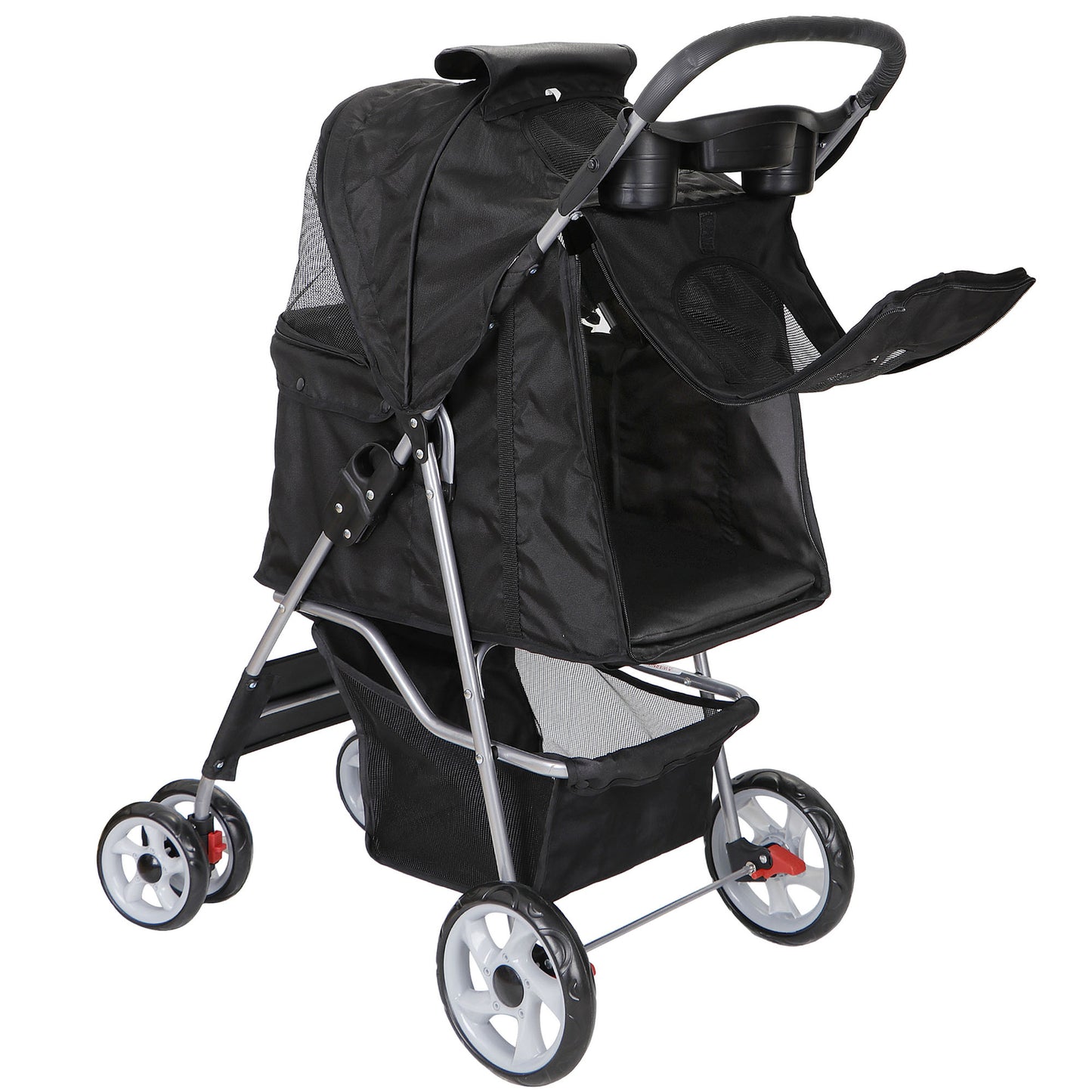 4 Wheels Pet Stroller Dog Cat Stroller with Storage Basket and Cup Holder Black