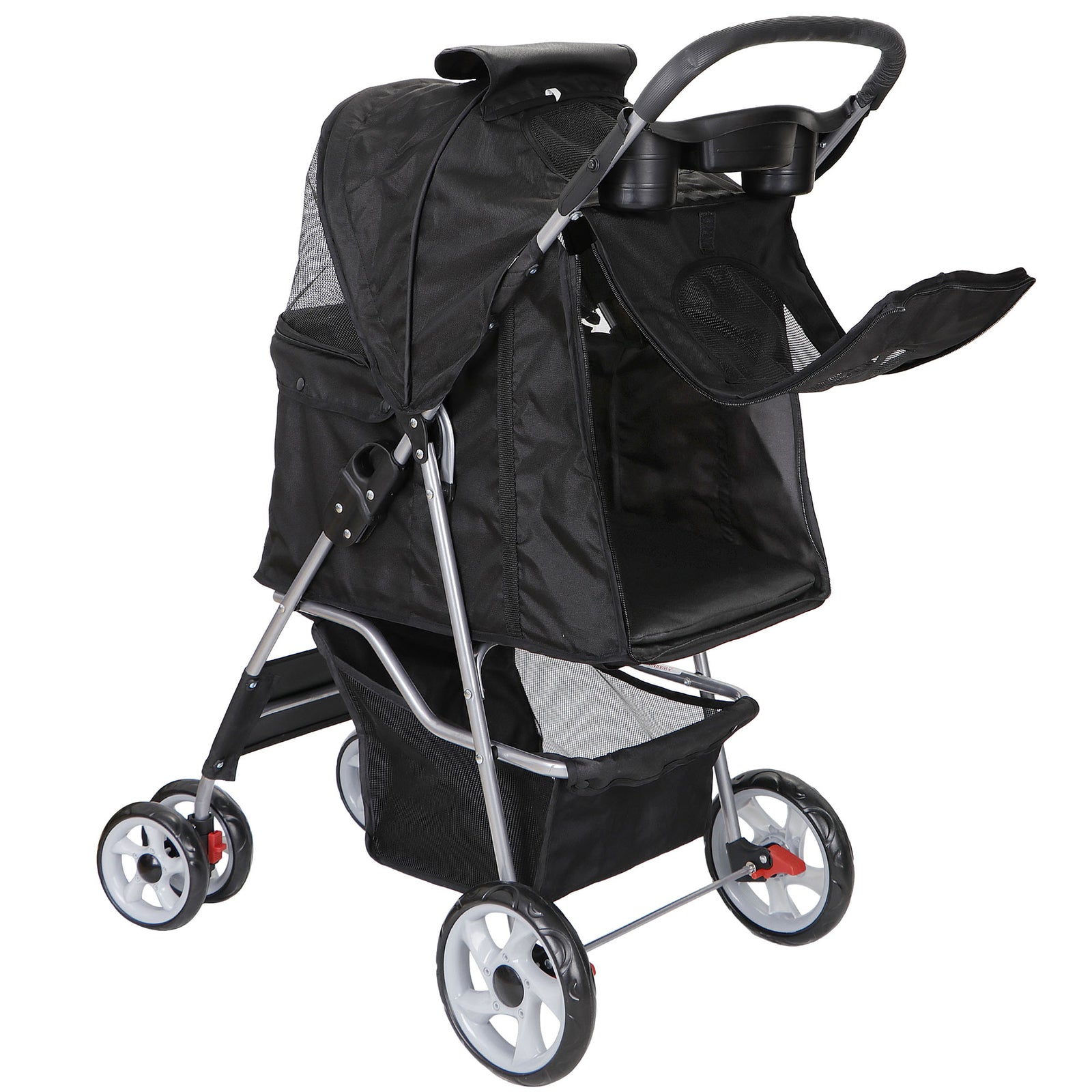 4 Wheels Pet Stroller Dog Cat Stroller with Storage Basket and Cup Holder Black