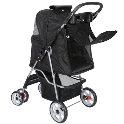 4 Wheels Pet Stroller Dog Cat Stroller with Storage Basket and Cup Holder Black