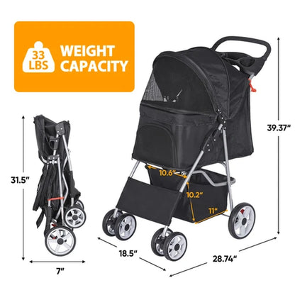 4 Wheels Pet Stroller Dog Cat Stroller with Storage Basket and Cup Holder Black