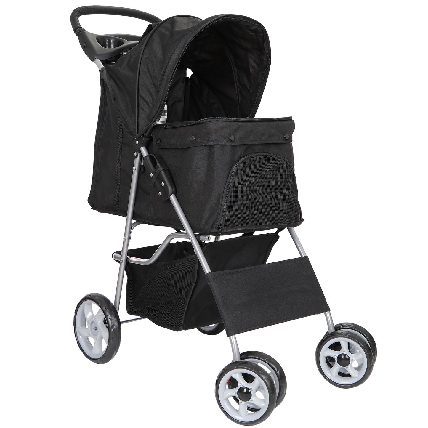 4 Wheels Pet Stroller Dog Cat Stroller with Storage Basket and Cup Holder Black