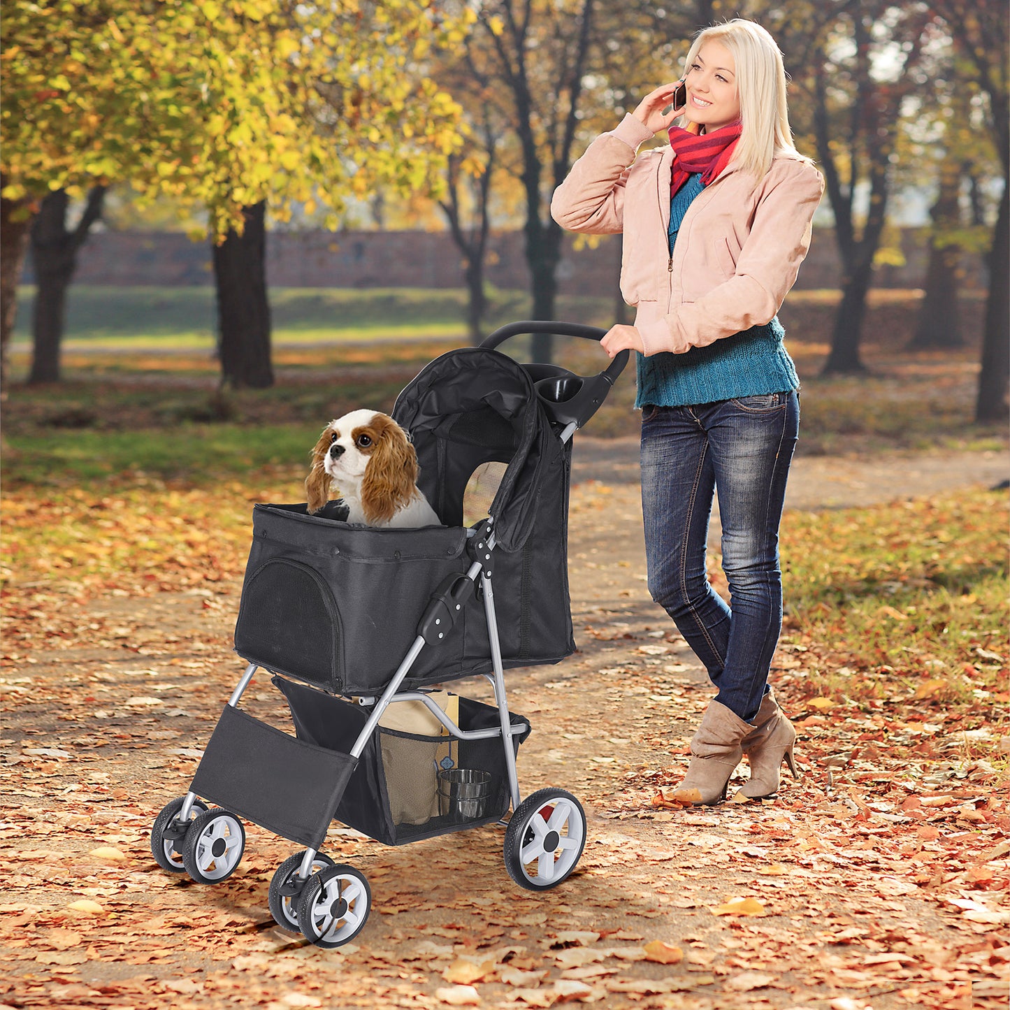 4 Wheels Pet Stroller Dog Cat Stroller with Storage Basket and Cup Holder Black