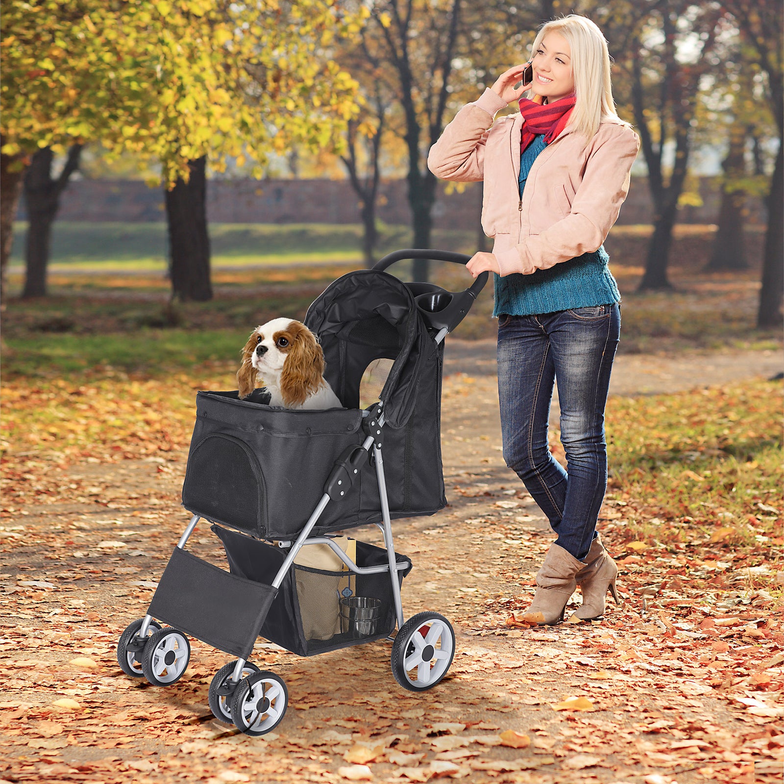 4 Wheels Pet Stroller Dog Cat Stroller with Storage Basket and Cup Holder Black