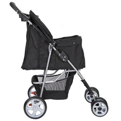 4 Wheels Pet Stroller Dog Cat Stroller with Storage Basket and Cup Holder Black