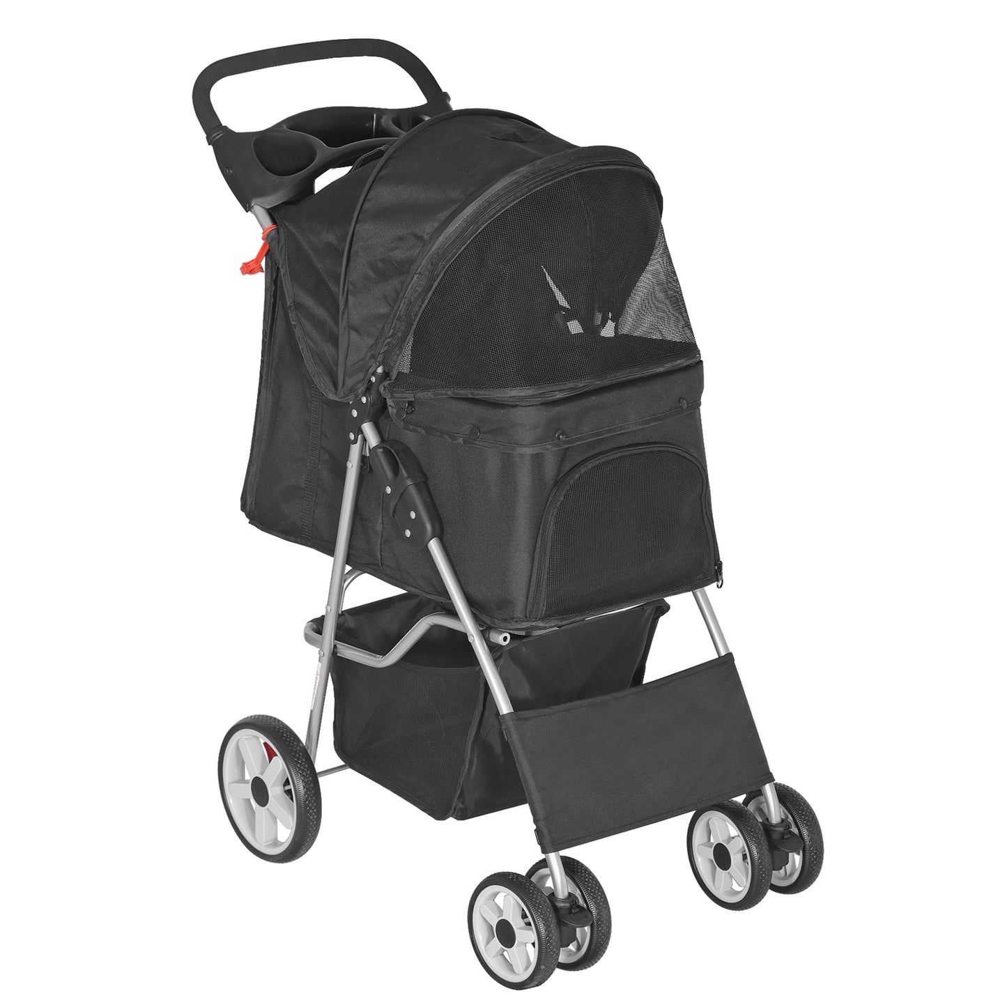 4 Wheels Pet Stroller Dog Cat Stroller with Storage Basket and Cup Holder Black
