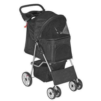 4 Wheels Pet Stroller Dog Cat Stroller with Storage Basket and Cup Holder Black