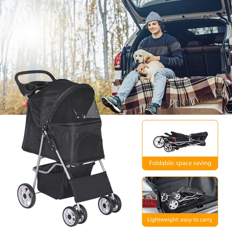 4 Wheels Pet Stroller Dog Cat Stroller with Storage Basket and Cup Holder Black