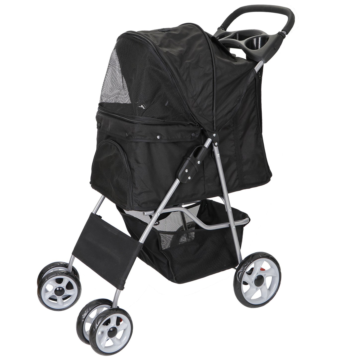 4 Wheels Pet Stroller Dog Cat Stroller with Storage Basket and Cup Holder Black
