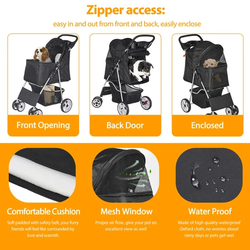 4 Wheels Pet Stroller Dog Cat Stroller with Storage Basket and Cup Holder Black