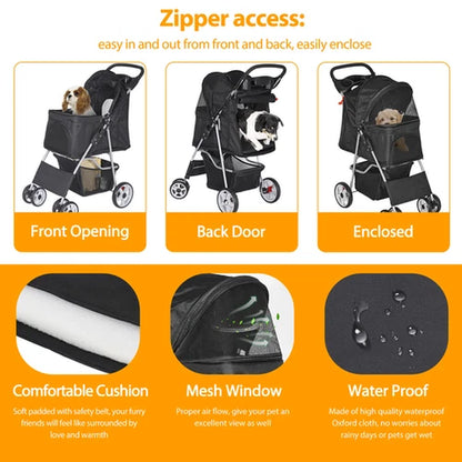 4 Wheels Pet Stroller Dog Cat Stroller with Storage Basket and Cup Holder Black
