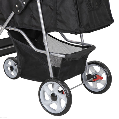 4 Wheels Pet Stroller Dog Cat Stroller with Storage Basket and Cup Holder Black